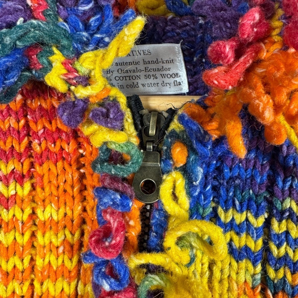 Otavalo Native Handknit Sweater Ecuador Cotton Wool Blend Rainbow Colorful Small - Picture 4 of 9